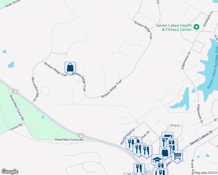 map of restaurants, bars, coffee shops, grocery stores, and more near 110 Beths Point in Seven Lakes