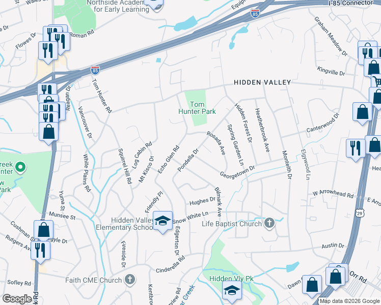map of restaurants, bars, coffee shops, grocery stores, and more near 1237 Pondella Drive in Charlotte