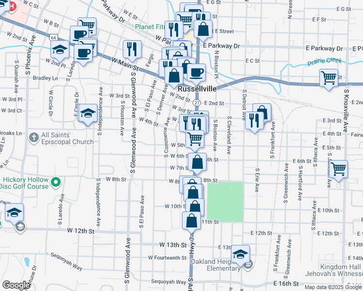 map of restaurants, bars, coffee shops, grocery stores, and more near 110 A B C D West 5th Street in Russellville