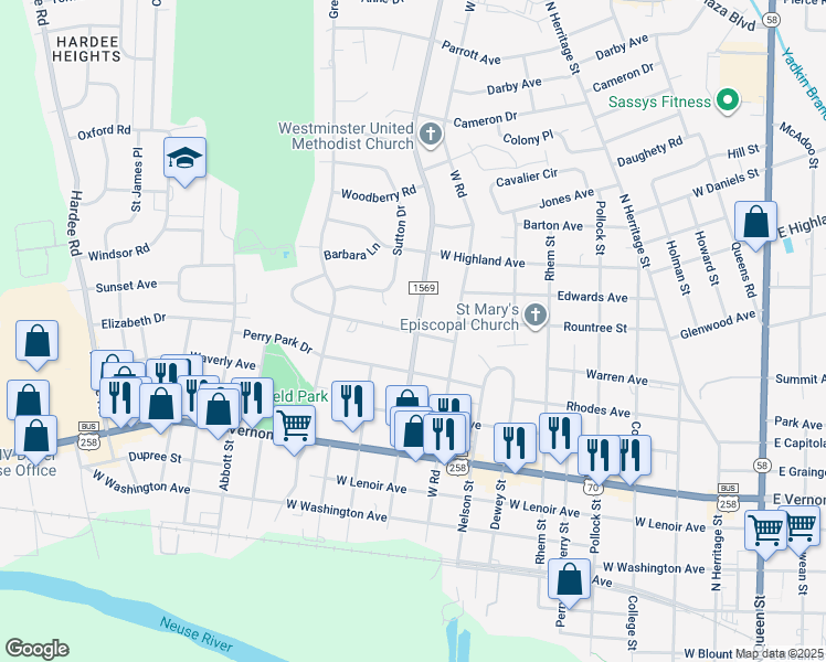 map of restaurants, bars, coffee shops, grocery stores, and more near 1106 Carey Road in Kinston