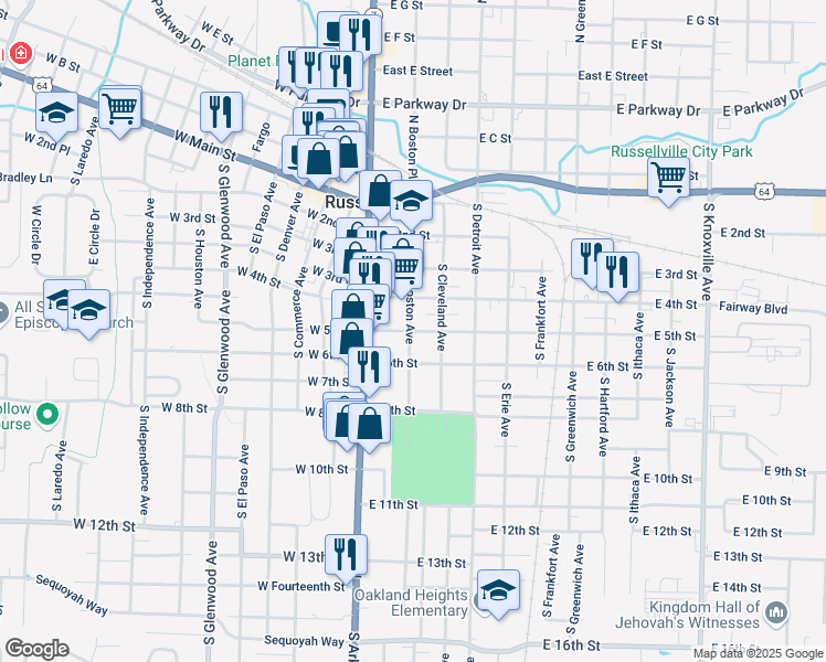 map of restaurants, bars, coffee shops, grocery stores, and more near 202 East 5th Street in Russellville