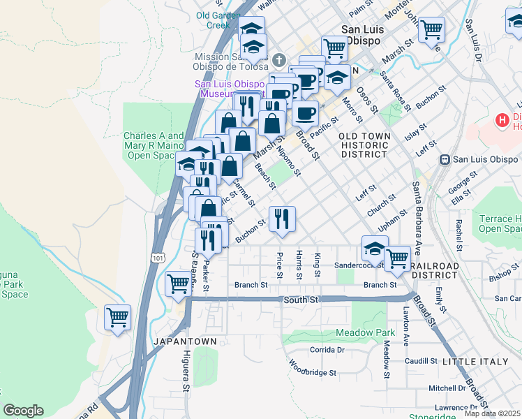map of restaurants, bars, coffee shops, grocery stores, and more near 1418 Carmel Street in San Luis Obispo