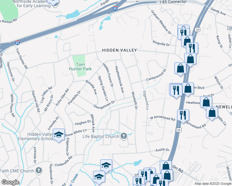 map of restaurants, bars, coffee shops, grocery stores, and more near 6322 Hidden Forest Drive in Charlotte