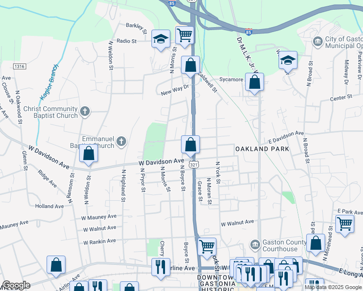 map of restaurants, bars, coffee shops, grocery stores, and more near 915 N Boyce St in Gastonia