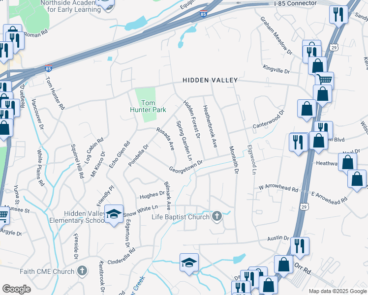 map of restaurants, bars, coffee shops, grocery stores, and more near 6403 Spring Garden Lane in Charlotte