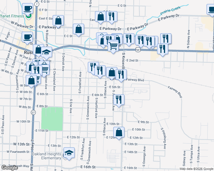map of restaurants, bars, coffee shops, grocery stores, and more near 901 East 5th Street in Russellville