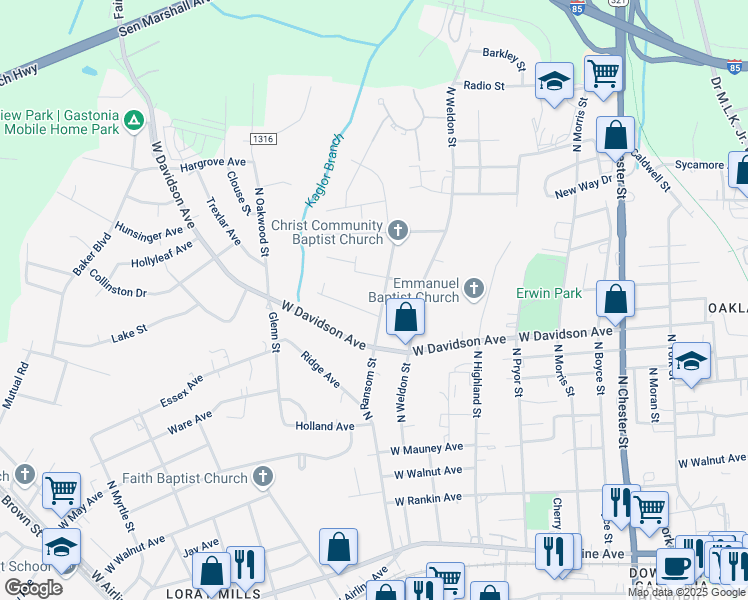 map of restaurants, bars, coffee shops, grocery stores, and more near 1019 North Ransom Street in Gastonia