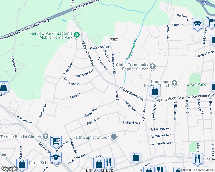 map of restaurants, bars, coffee shops, grocery stores, and more near 705 Evening Shade Lane in Gastonia