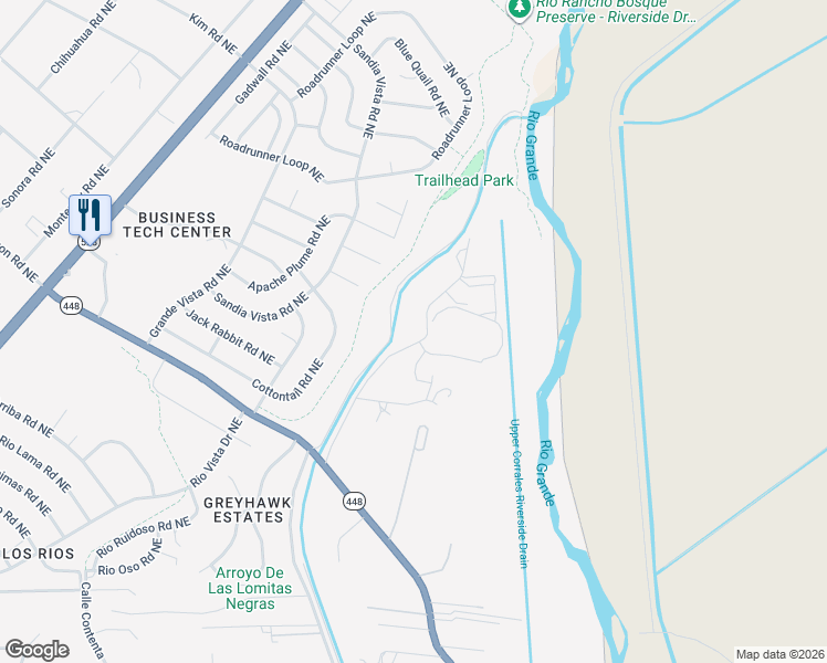 map of restaurants, bars, coffee shops, grocery stores, and more near 1 Camino De Corrales Del Norte in Corrales