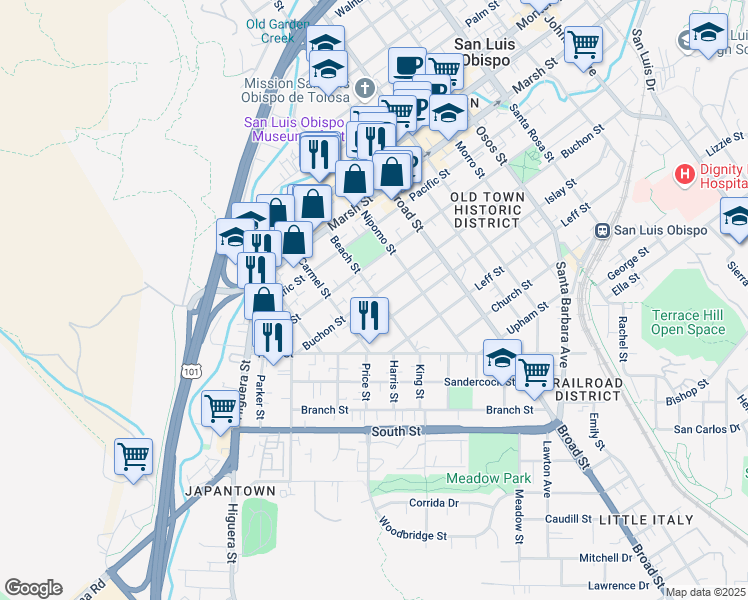 map of restaurants, bars, coffee shops, grocery stores, and more near 1503 Beach Street in San Luis Obispo