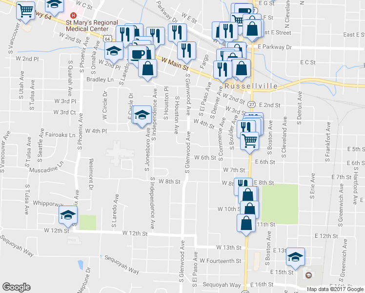 map of restaurants, bars, coffee shops, grocery stores, and more near 500 S Glenwood Ave in Russellville