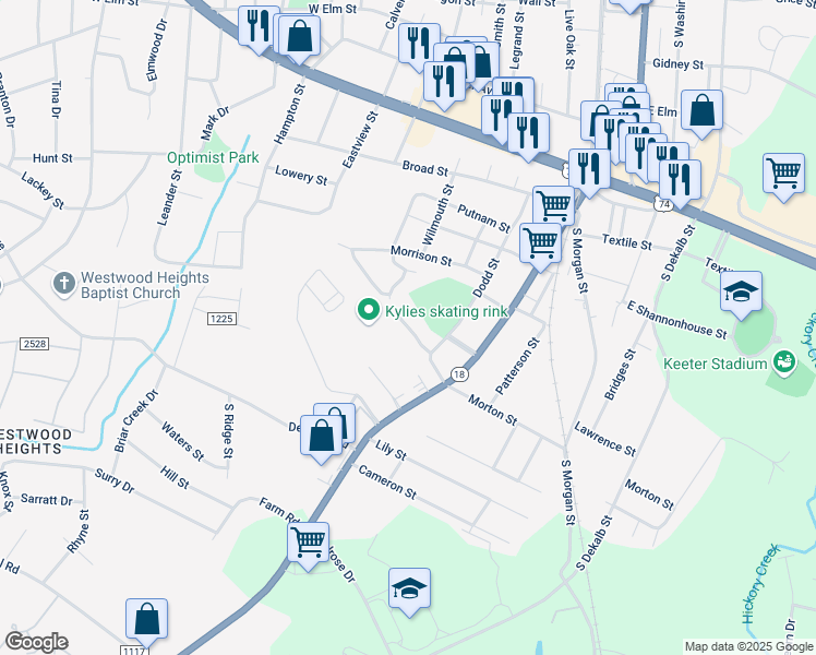 map of restaurants, bars, coffee shops, grocery stores, and more near 205 Ramblewood Drive in Shelby