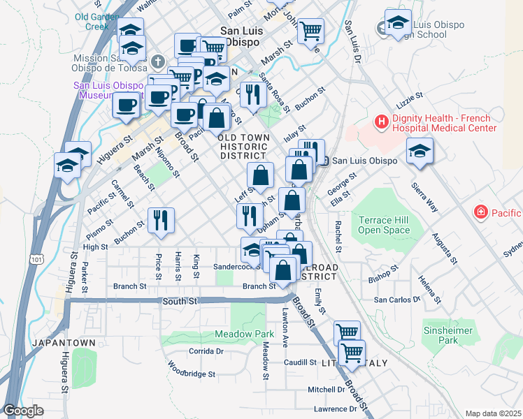 map of restaurants, bars, coffee shops, grocery stores, and more near 1804 Garden Street in San Luis Obispo