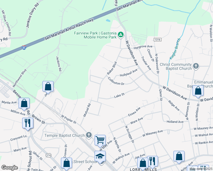map of restaurants, bars, coffee shops, grocery stores, and more near 926 Baker Boulevard in Gastonia