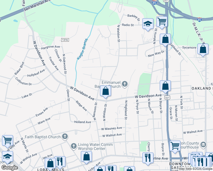 map of restaurants, bars, coffee shops, grocery stores, and more near 824 North Weldon Street in Gastonia