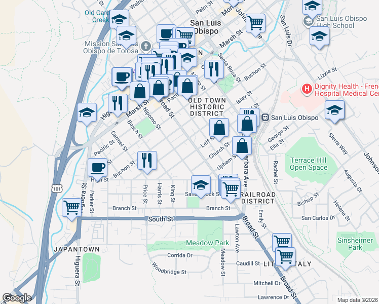 map of restaurants, bars, coffee shops, grocery stores, and more near 656 Leff Street in San Luis Obispo