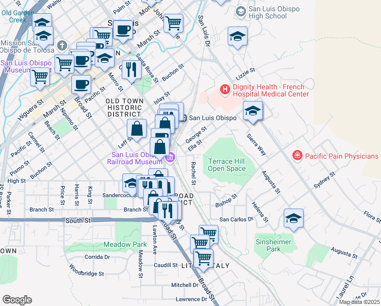 map of restaurants, bars, coffee shops, grocery stores, and more near 2028 Jennifer Street in San Luis Obispo
