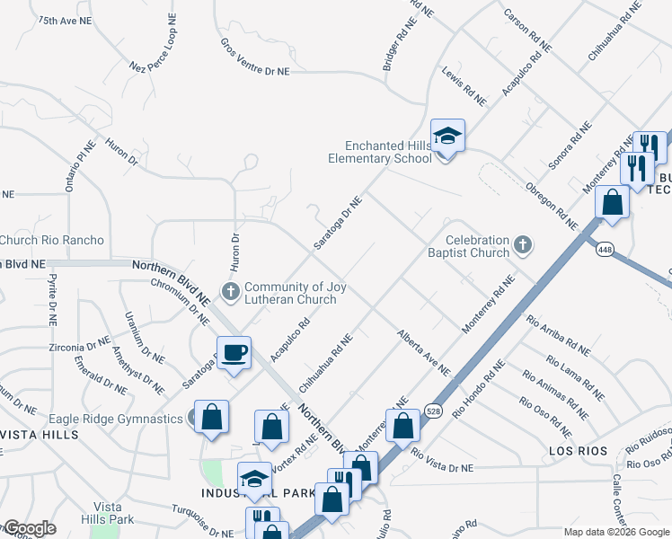 map of restaurants, bars, coffee shops, grocery stores, and more near 901 Acapulco Court Northeast in Rio Rancho