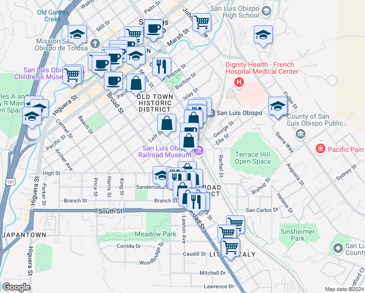 map of restaurants, bars, coffee shops, grocery stores, and more near 856 Upham Street in San Luis Obispo