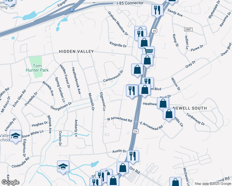 map of restaurants, bars, coffee shops, grocery stores, and more near 6329 Countryside Drive in Charlotte