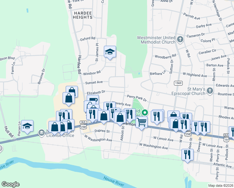 map of restaurants, bars, coffee shops, grocery stores, and more near 1610 Elizabeth Dr in Kinston