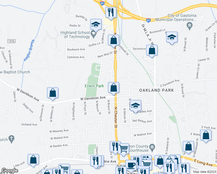 map of restaurants, bars, coffee shops, grocery stores, and more near 919 North Boyce Street in Gastonia