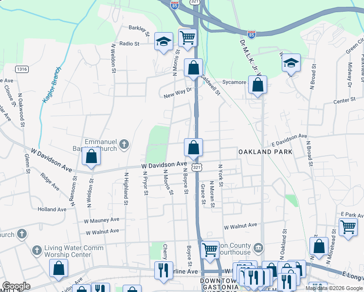 map of restaurants, bars, coffee shops, grocery stores, and more near 503 West Norment Avenue in Gastonia