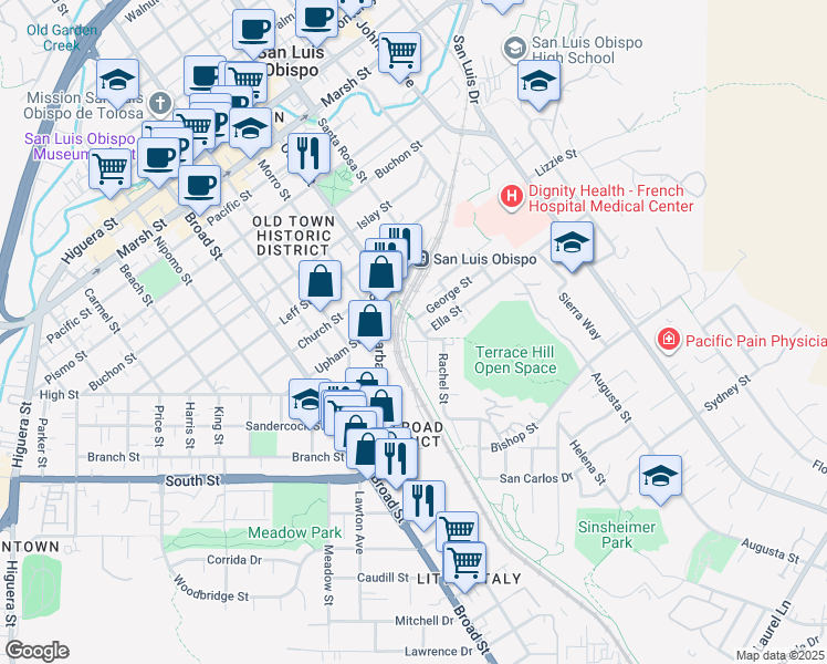 map of restaurants, bars, coffee shops, grocery stores, and more near 1961 Jennifer Street in San Luis Obispo
