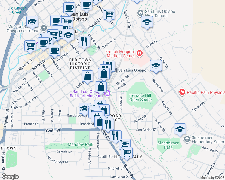 map of restaurants, bars, coffee shops, grocery stores, and more near 1961 Jennifer Street in San Luis Obispo