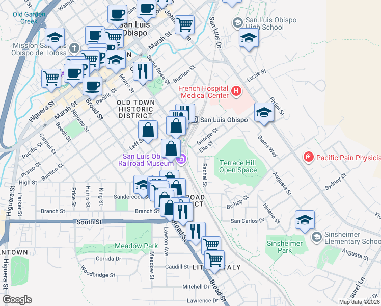 map of restaurants, bars, coffee shops, grocery stores, and more near 1961 Jennifer Street in San Luis Obispo