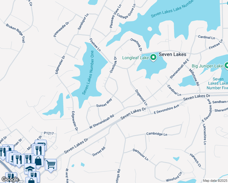 map of restaurants, bars, coffee shops, grocery stores, and more near 108 Sunset Way in Seven Lakes