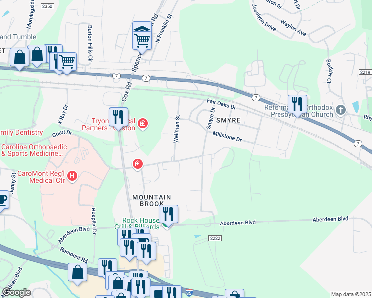 map of restaurants, bars, coffee shops, grocery stores, and more near 2866 Court Drive in Gastonia