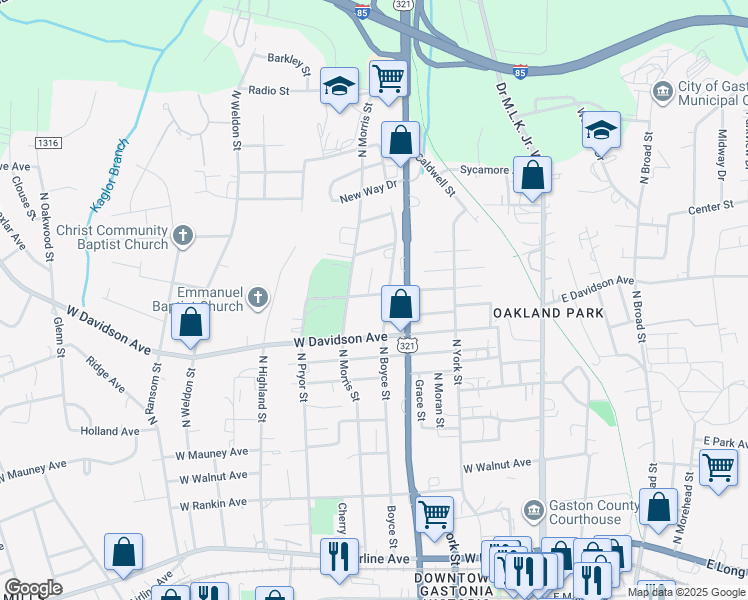 map of restaurants, bars, coffee shops, grocery stores, and more near 915 North Boyce Street in Gastonia