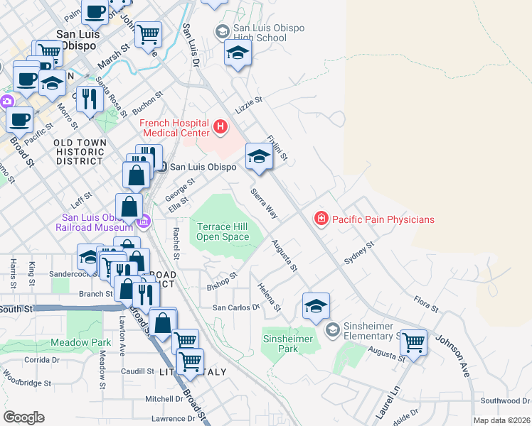 map of restaurants, bars, coffee shops, grocery stores, and more near 2141 Sierra Way in San Luis Obispo