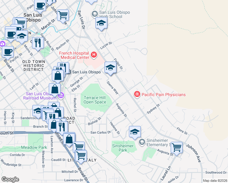 map of restaurants, bars, coffee shops, grocery stores, and more near 2141 Sierra Way in San Luis Obispo