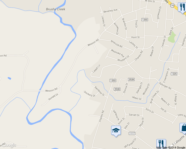 map of restaurants, bars, coffee shops, grocery stores, and more near 1348 Belinda Drive in Shelby