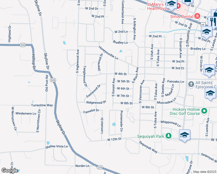 map of restaurants, bars, coffee shops, grocery stores, and more near 1104 Ridgewood Drive in Russellville