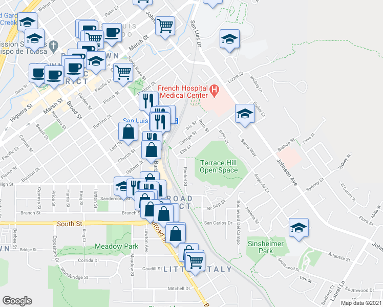 map of restaurants, bars, coffee shops, grocery stores, and more near 1083 Ella Street in San Luis Obispo