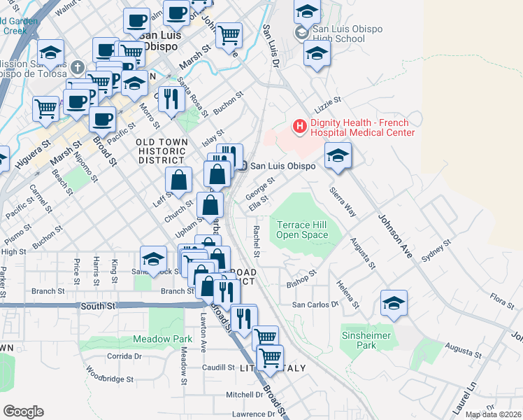 map of restaurants, bars, coffee shops, grocery stores, and more near 2028 Jennifer Street in San Luis Obispo