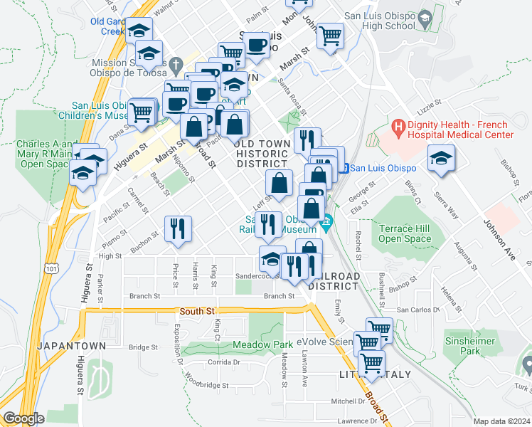 map of restaurants, bars, coffee shops, grocery stores, and more near 1720 Broad Street in San Luis Obispo