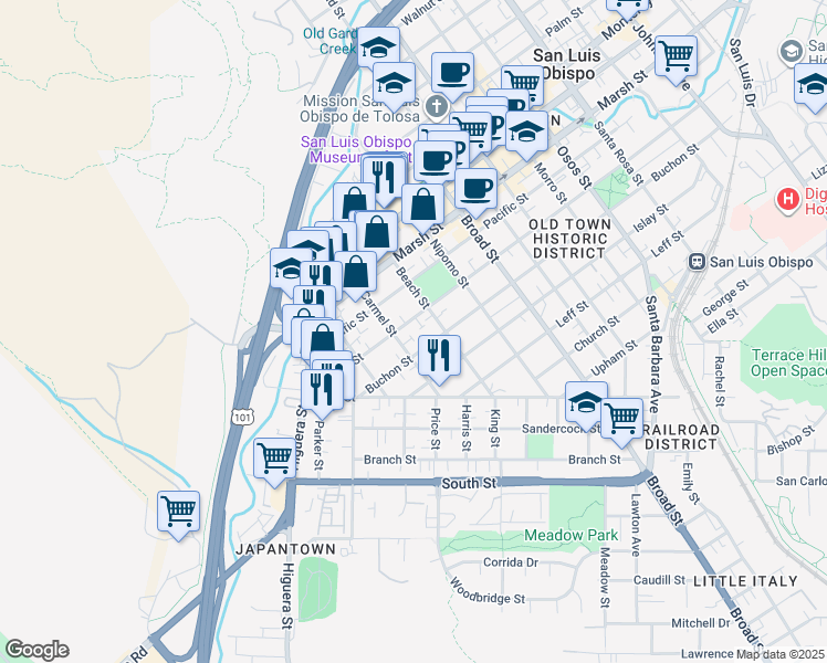 map of restaurants, bars, coffee shops, grocery stores, and more near 1418 Carmel Street in San Luis Obispo