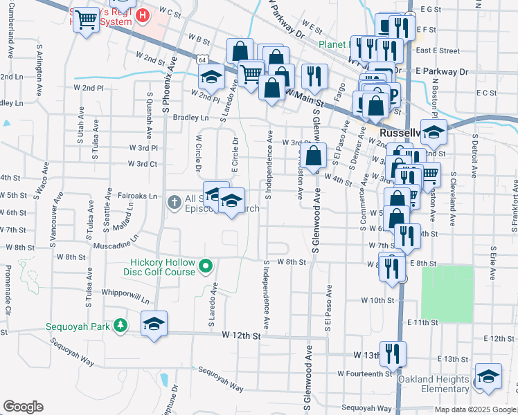 map of restaurants, bars, coffee shops, grocery stores, and more near West 5th Street in Russellville