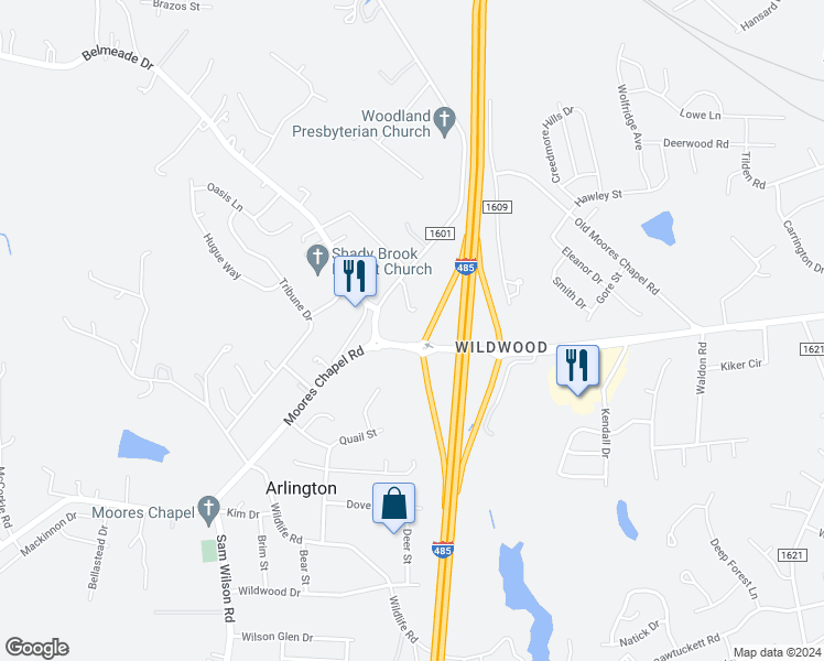 map of restaurants, bars, coffee shops, grocery stores, and more near 1407 Rhyne Road in Charlotte