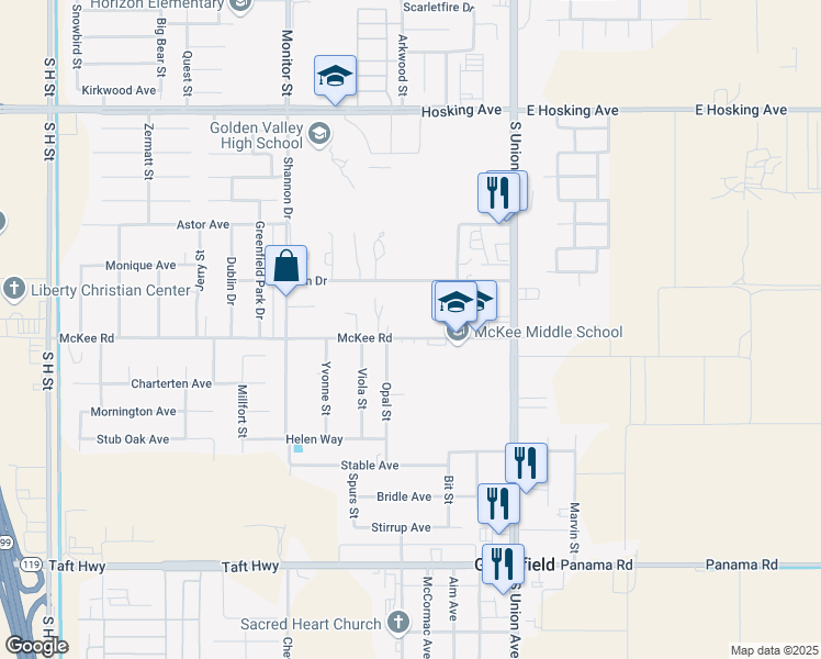 map of restaurants, bars, coffee shops, grocery stores, and more near 300 McKee Road in Bakersfield