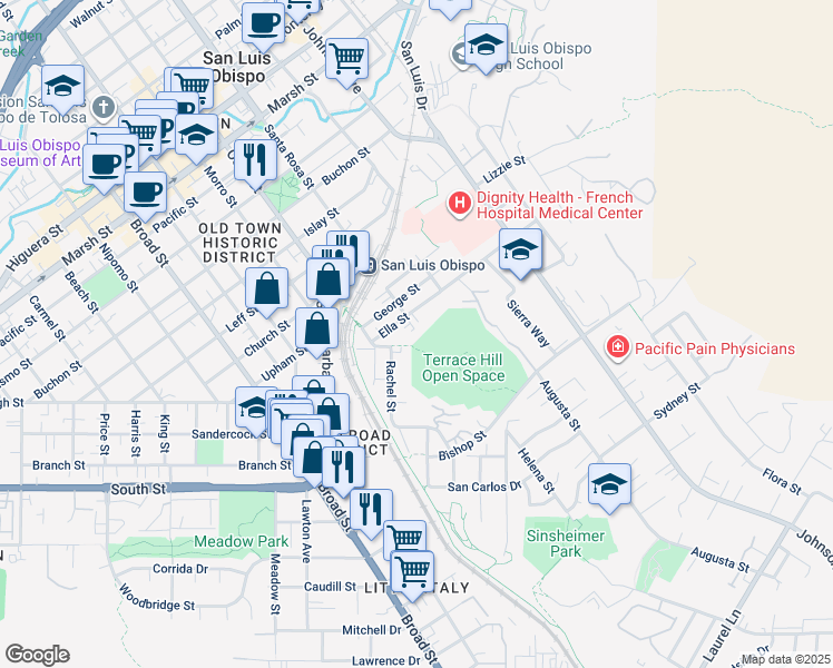 map of restaurants, bars, coffee shops, grocery stores, and more near 1083 Ella Street in San Luis Obispo