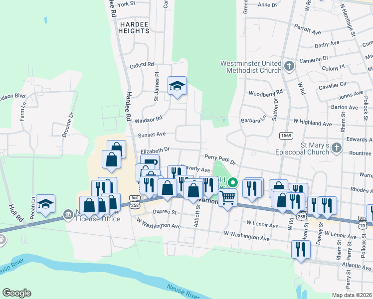map of restaurants, bars, coffee shops, grocery stores, and more near 1610 Elizabeth Drive in Kinston