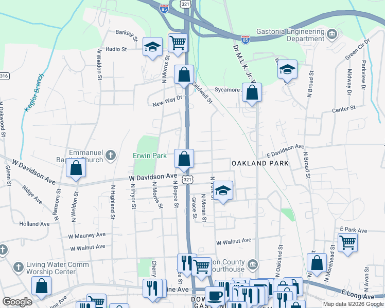 map of restaurants, bars, coffee shops, grocery stores, and more near 932 North Chester Street in Gastonia