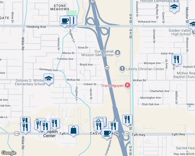 map of restaurants, bars, coffee shops, grocery stores, and more near 2118 Cobern Street in Bakersfield