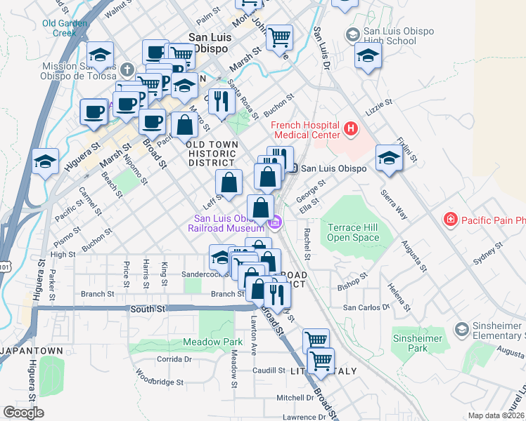 map of restaurants, bars, coffee shops, grocery stores, and more near 856 Upham Street in San Luis Obispo