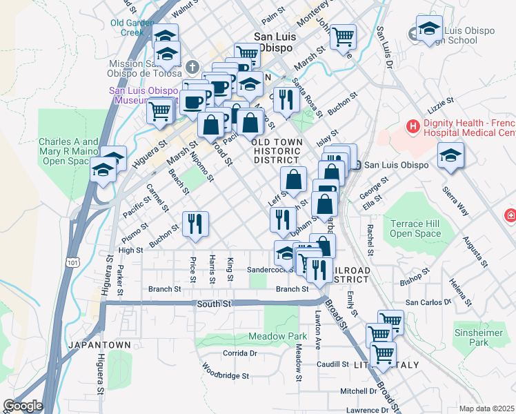 map of restaurants, bars, coffee shops, grocery stores, and more near 1720 Broad Street in San Luis Obispo